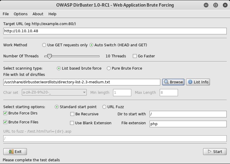 dirbuster setting